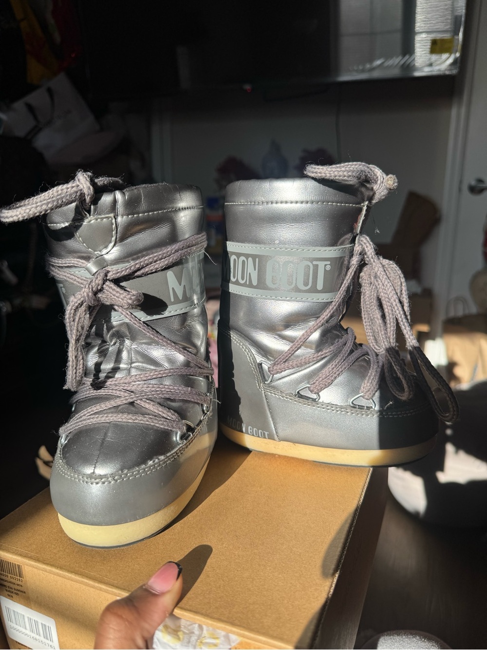 Moon Boot Kids Metallic Silver Lace-Up Winter Boots